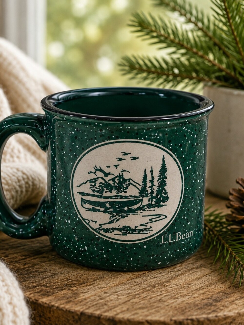 Vintage LL Bean Camping Mug Green Speckled‎ Canoe Mountain 16oz Stoneware
